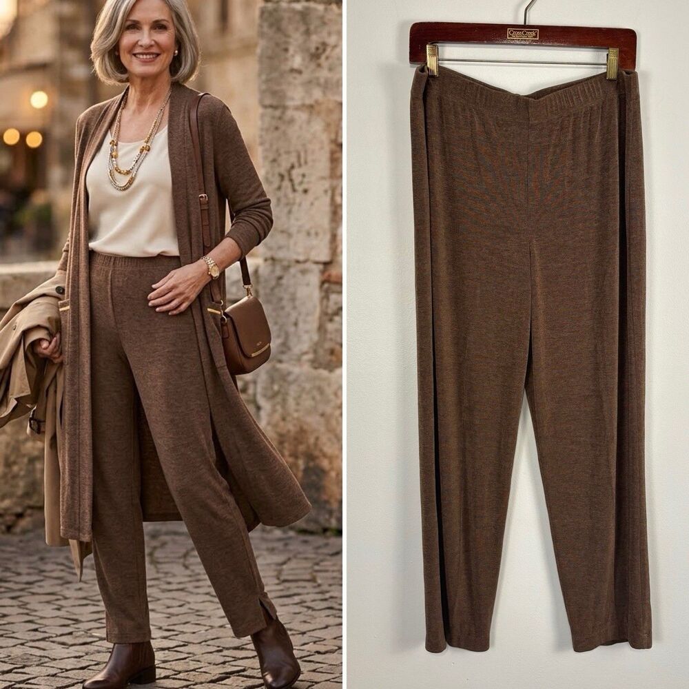Chicos Travelers Pants Sz 2 Short Brown Knit Elastic Waist Tapered Ankle Stretch